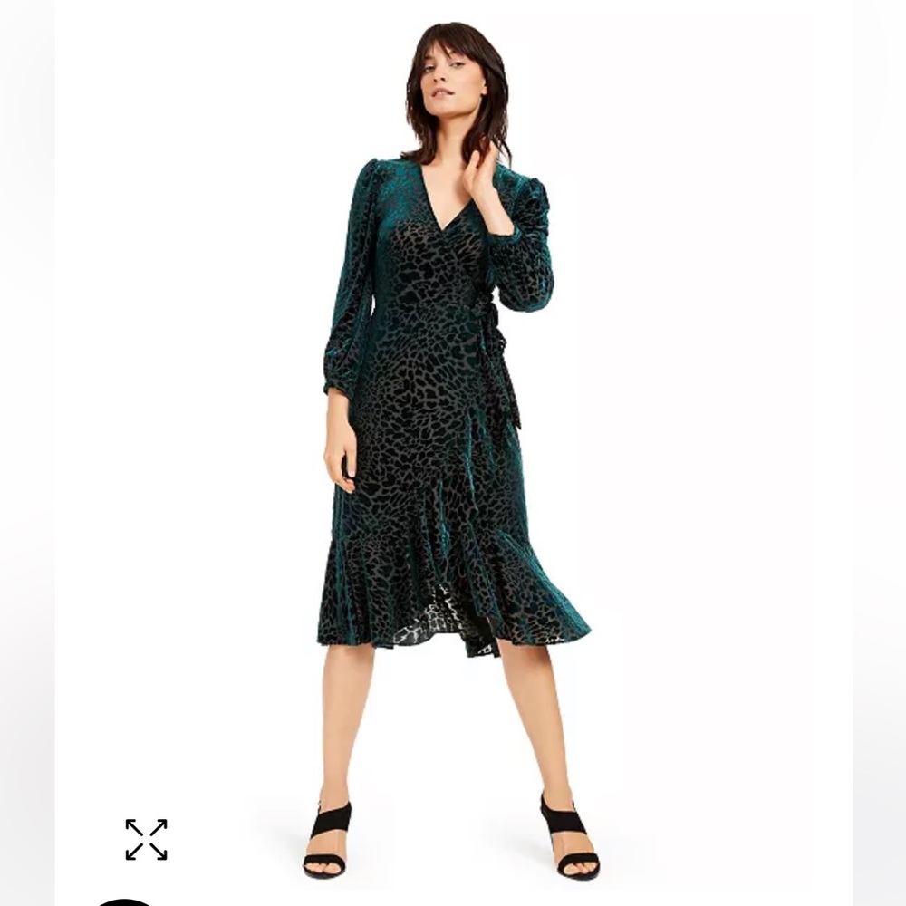 Calvin Klein Burnout Green Emerald Velvet Animal Print Wrap Dress Size 4